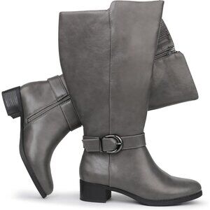 ⚡Women's Grey Synthetic Extra Wide Calf Pull On Side Zipper Knee High Boots